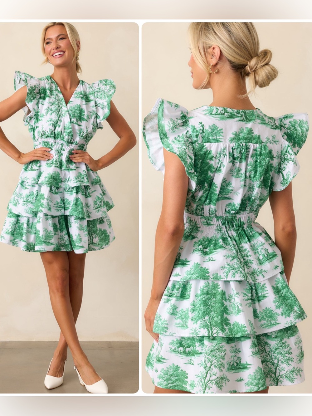 Prosperina Bridget Eden Green Toile Cotton Tiered Ruffled Mini Dress NWT $145
